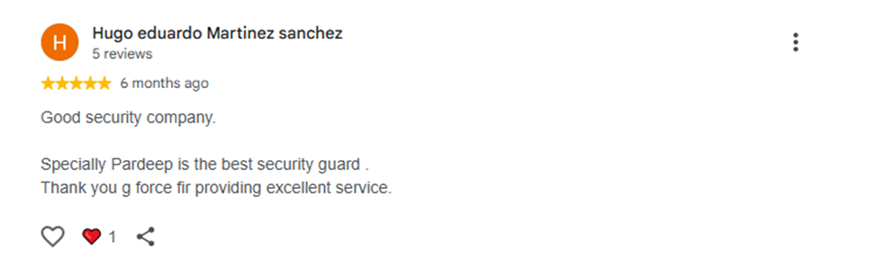 Customer review of G Force Security's security services.