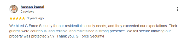 Google review for G Force Security residential security services.